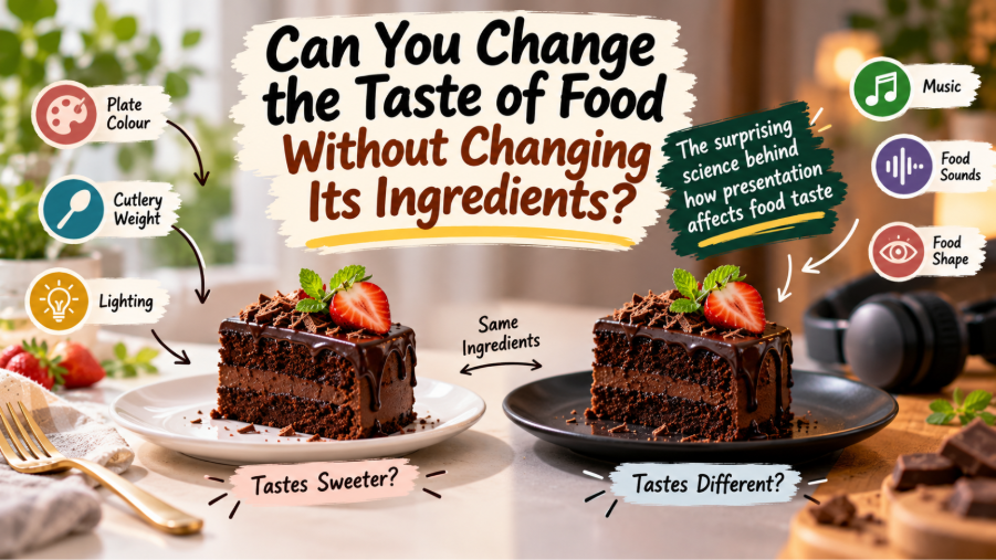 Identical food served on different coloured plates to demonstrate how presentation can influence taste perception. 