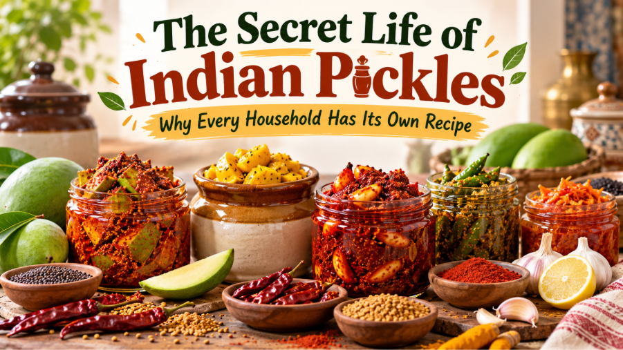 Traditional Indian pickles including mango, lemon, chilli, and mixed vegetable achar in glass jars with spices