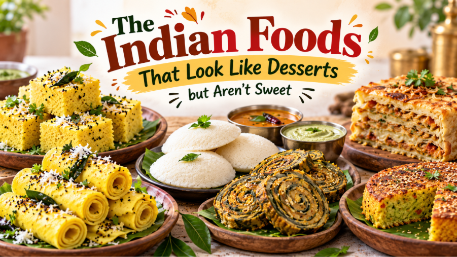 Indian savoury foods that look like desserts, including yellow khaman, rolled khandvi, white idli, and layered savoury snacks.