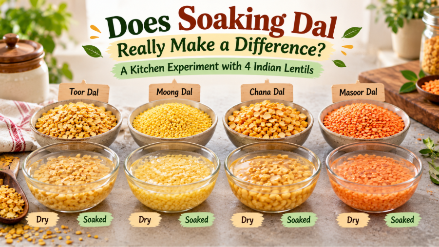 Four bowls of toor dal, moong dal, chana dal, and masoor dal beside bowls of soaked lentils and water.