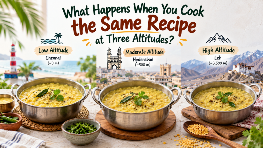 Indian khichdi cooking in pots at low, moderate, and high altitudes, illustrating how elevation affects cooking time and texture. 