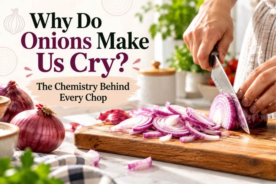 Why onions make us cry when slicing fresh onions on a wooden cutting board.
