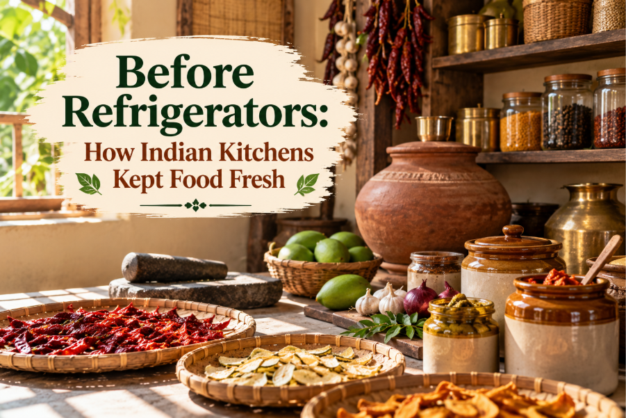 Indian food preservation using clay pots, spices, and traditional storage methods.