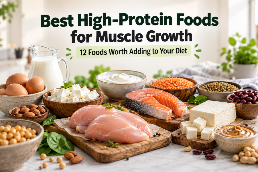 High-protein foods for muscle growth, including eggs, chicken, paneer, tofu, lentils, milk, and fish. 