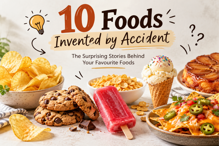 Foods invented by accident, including potato chips and chocolate chip cookies.