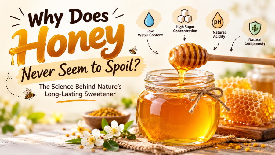 A glass jar of golden honey with a wooden honey dipper and fresh honeycomb on a light kitchen surface. 