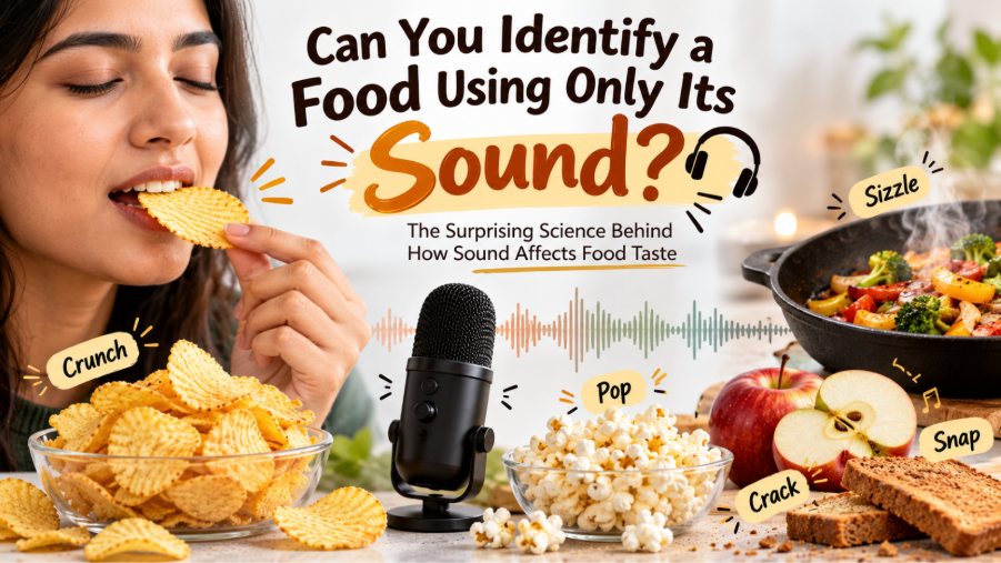A person biting a crispy potato chip beside a microphone and assorted crunchy foods illustrating how sound influences food perception. 