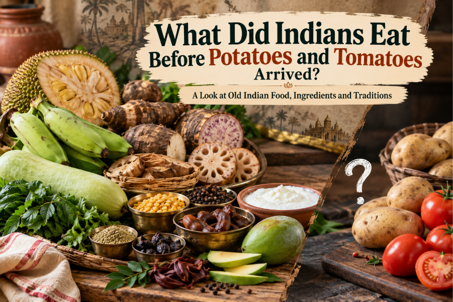 Indian food before potatoes and tomatoes featuring traditional vegetables and ingredients 